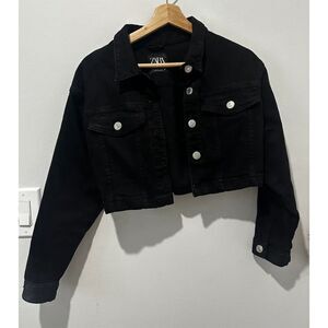 Zara Women's Cropped Black Denim Jacket Size S Casual Long Sleeve
